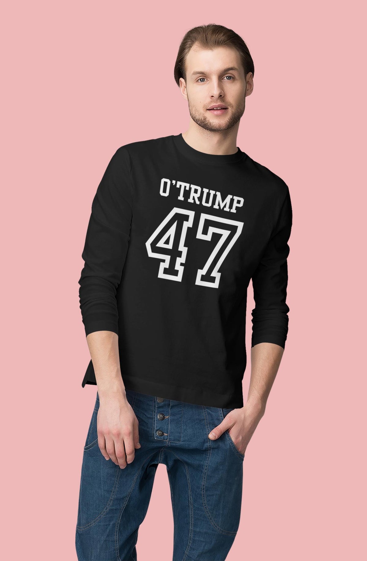 St. Patricks Day Political and Funny O'Trump Jersey Style Number 47 Mens Long Sleeve T Shirt Men's Long Sleeves Oldglory.com