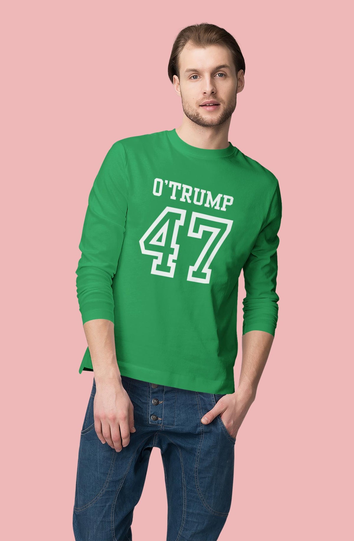 St. Patricks Day Political and Funny O'Trump Jersey Style Number 47 Mens Long Sleeve T Shirt Men's Long Sleeves Oldglory.com