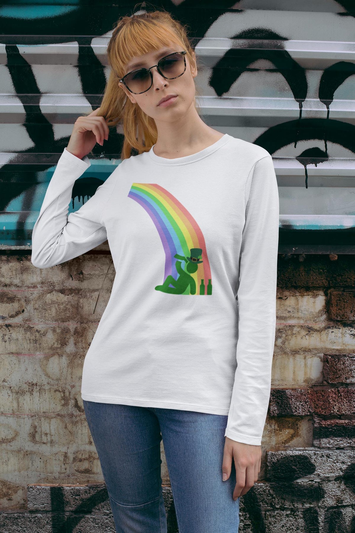 St. Patricks Day Funny Drinking At The End Of The Rainbow Womens Long Sleeve T Shirt Women's Long Sleeves Oldglory.com