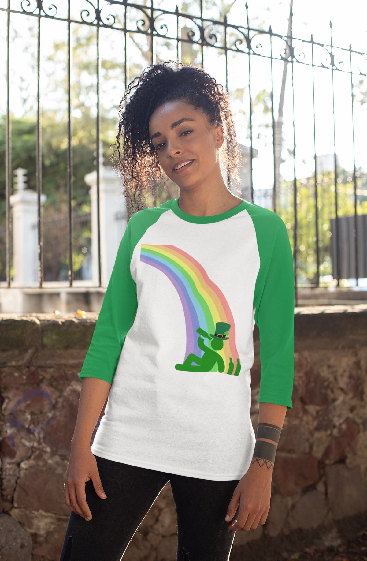 St. Patricks Day Funny Drinking At The End Of The Rainbow Juniors Womens 3/4 Raglan T Shirt Women's Raglan Oldglory.com