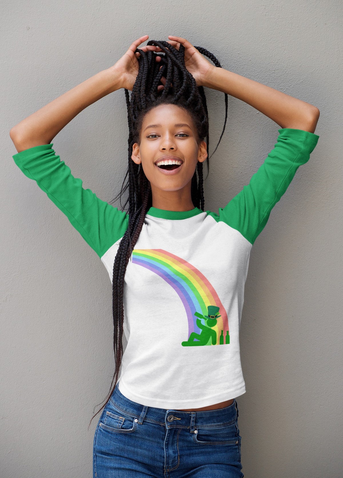 St. Patricks Day Funny Drinking At The End Of The Rainbow Juniors Womens 3/4 Raglan T Shirt Women's Raglan Oldglory.com