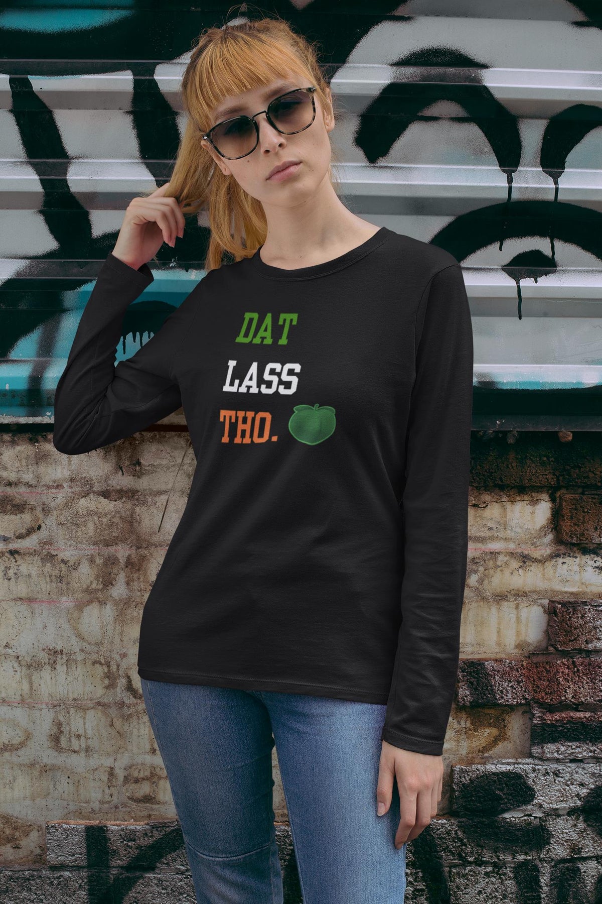 St. Patricks Day Funny Peach Emoji Dat Lass Tho. Womens Long Sleeve T Shirt Women's Long Sleeves Oldglory.com