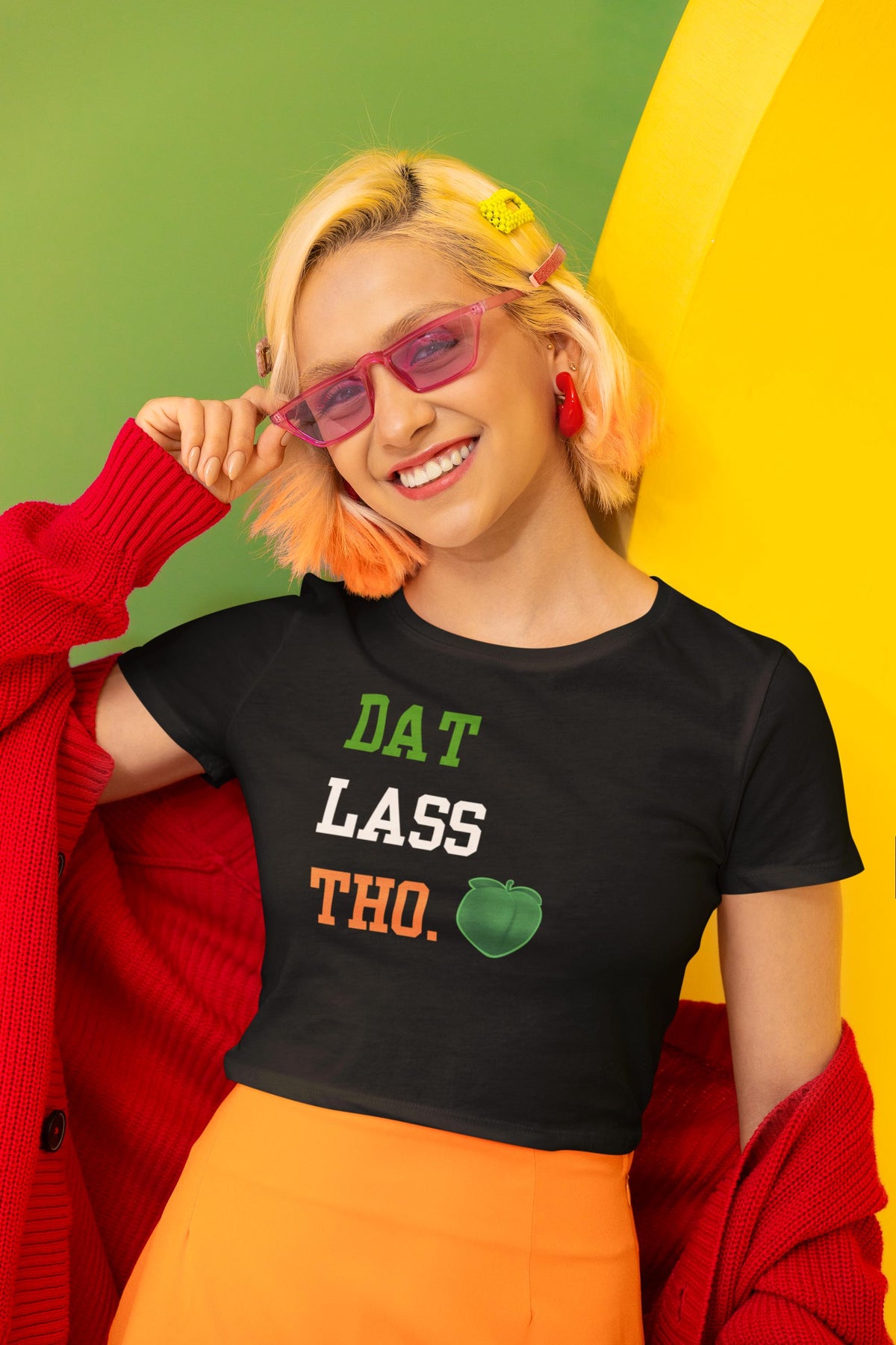 St. Patricks Day Funny Peach Emoji Dat Lass Tho. Juniors Womens Crop Top T Shirt Juniors Crop T-Shirts Oldglory.com