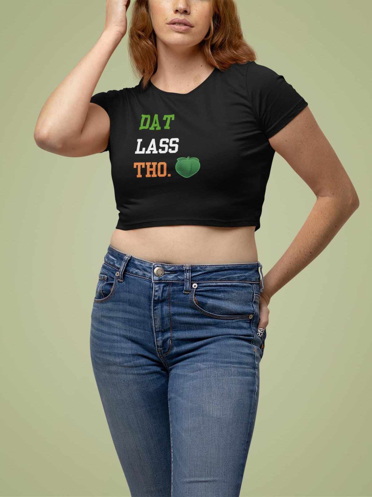 St. Patricks Day Funny Peach Emoji Dat Lass Tho. Juniors Womens Crop Top T Shirt Juniors Crop T-Shirts Oldglory.com