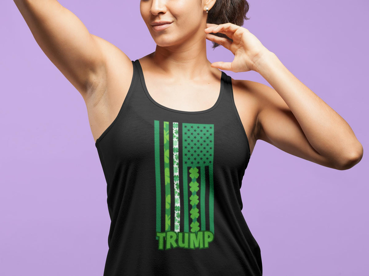 St. Patricks Day Funny and Political Green Shamrock Flag For Trump Juniors Womens Racerback Tank Top Juniors Tank Tops Oldglory.com