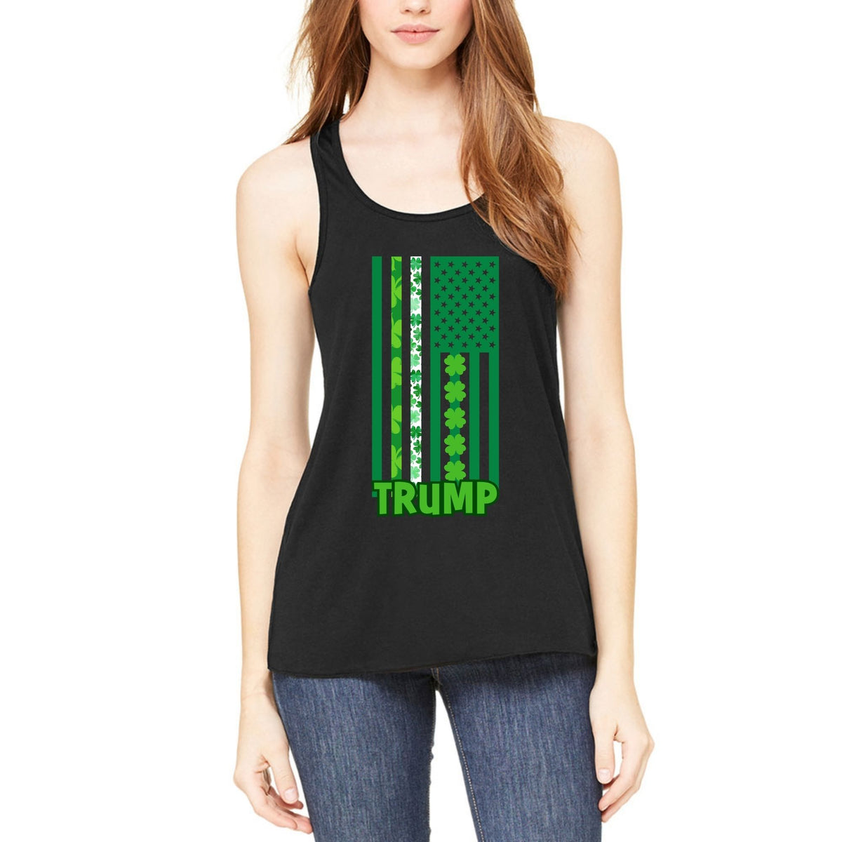 St. Patricks Day Funny and Political Green Shamrock Flag For Trump Juniors Womens Racerback Tank Top Juniors Tank Tops Oldglory.com SM Black