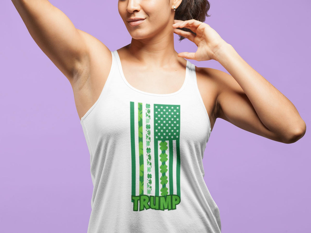 St. Patricks Day Funny and Political Green Shamrock Flag For Trump Juniors Womens Racerback Tank Top Juniors Tank Tops Oldglory.com