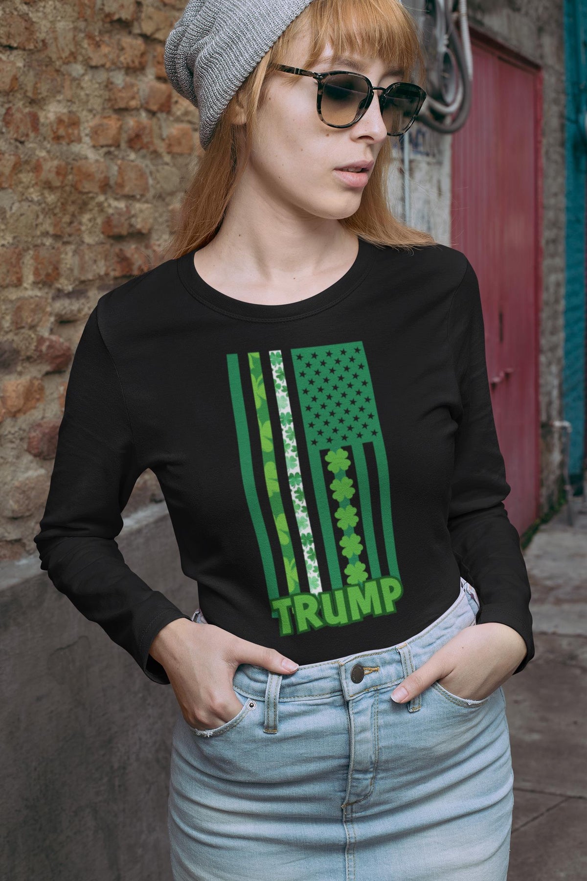 St. Patricks Day Funny and Political Green Shamrock Flag For Trump Womens Long Sleeve T Shirt Women's Long Sleeves Oldglory.com