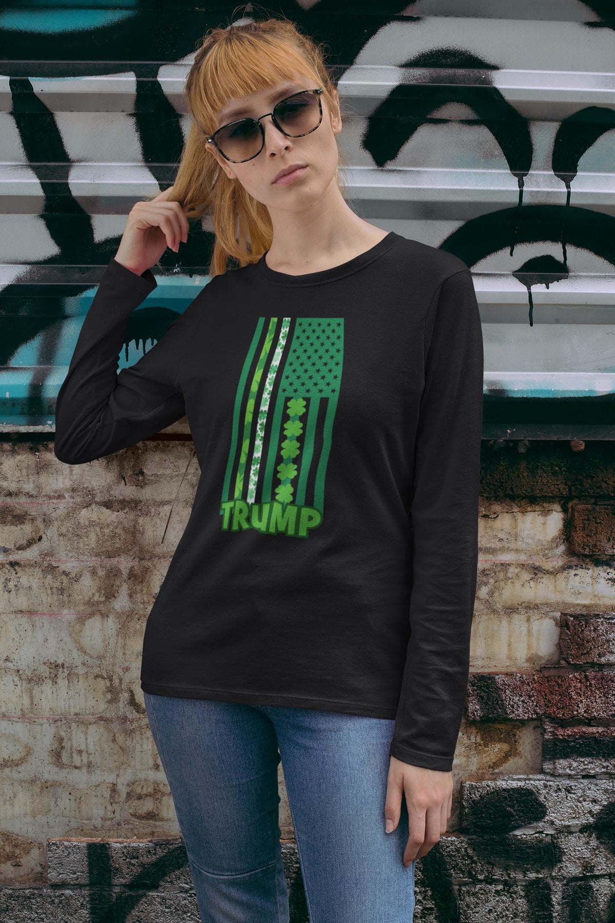 St. Patricks Day Funny and Political Green Shamrock Flag For Trump Womens Long Sleeve T Shirt Women's Long Sleeves Oldglory.com