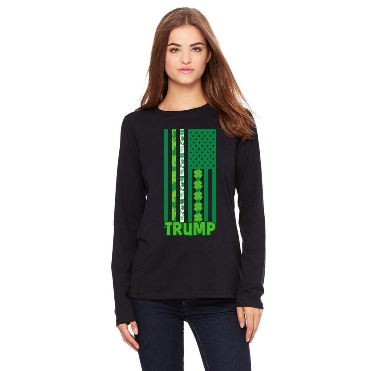 St. Patricks Day Funny and Political Green Shamrock Flag For Trump Womens Long Sleeve T Shirt Women's Long Sleeves Oldglory.com