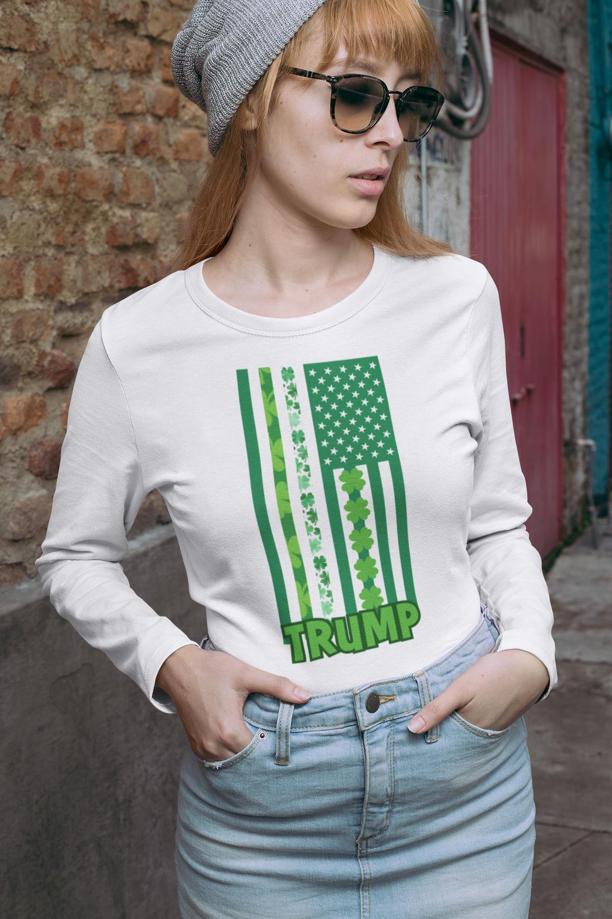 St. Patricks Day Funny and Political Green Shamrock Flag For Trump Womens Long Sleeve T Shirt Women's Long Sleeves Oldglory.com