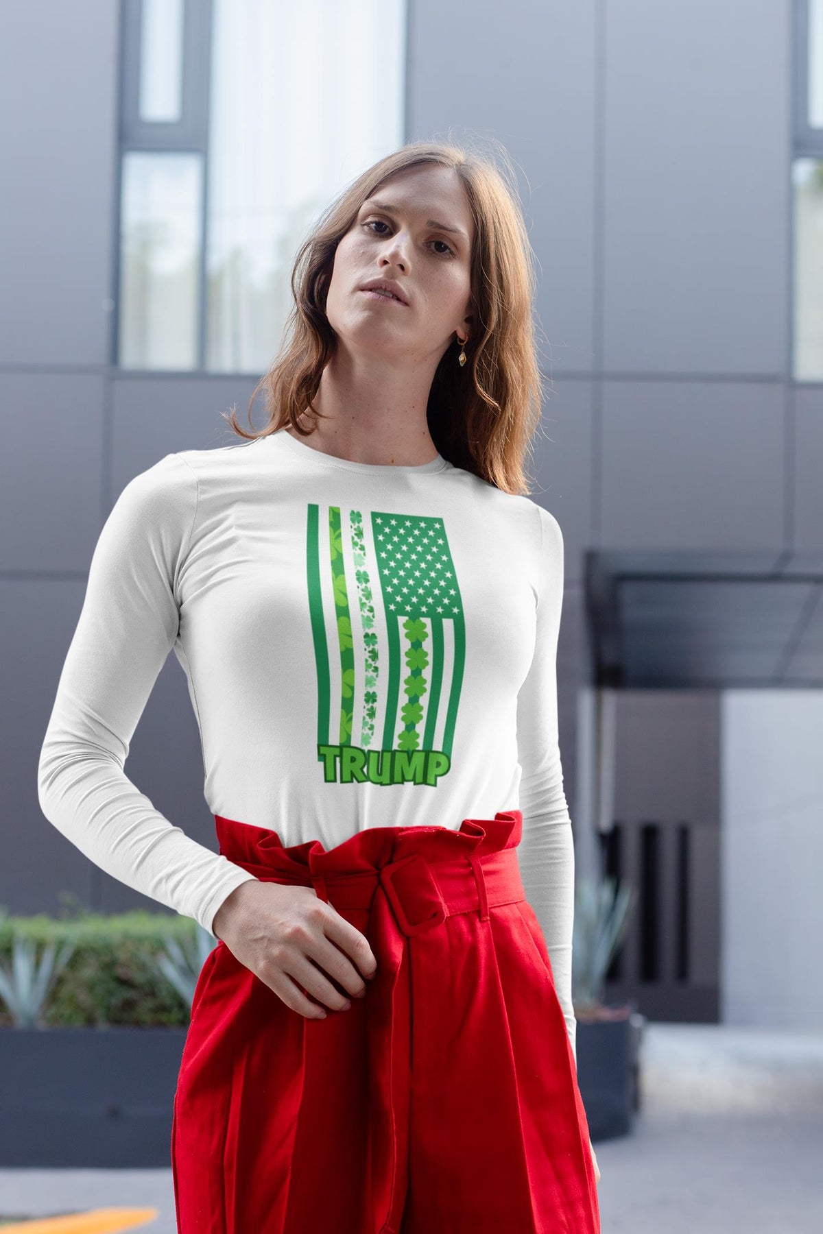 St. Patricks Day Funny and Political Green Shamrock Flag For Trump Womens Long Sleeve T Shirt Women's Long Sleeves Oldglory.com