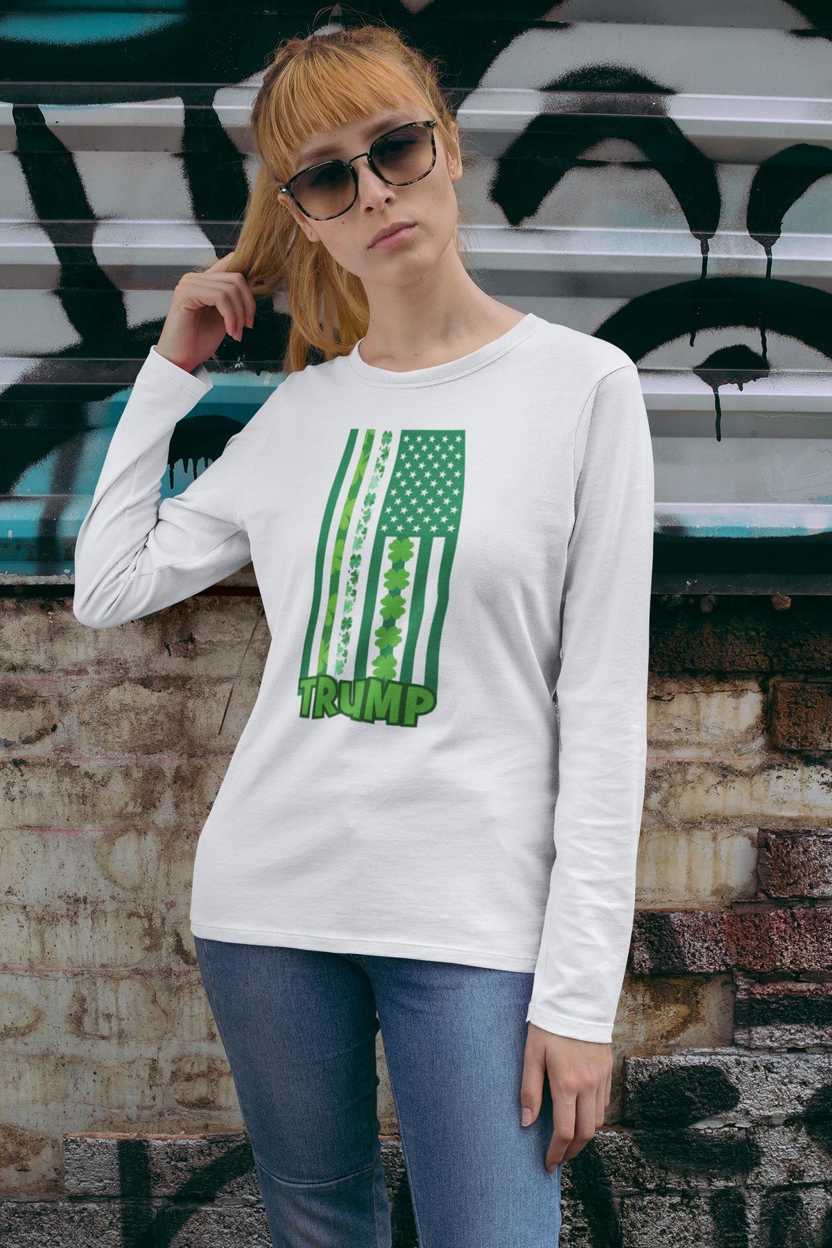 St. Patricks Day Funny and Political Green Shamrock Flag For Trump Womens Long Sleeve T Shirt Women's Long Sleeves Oldglory.com