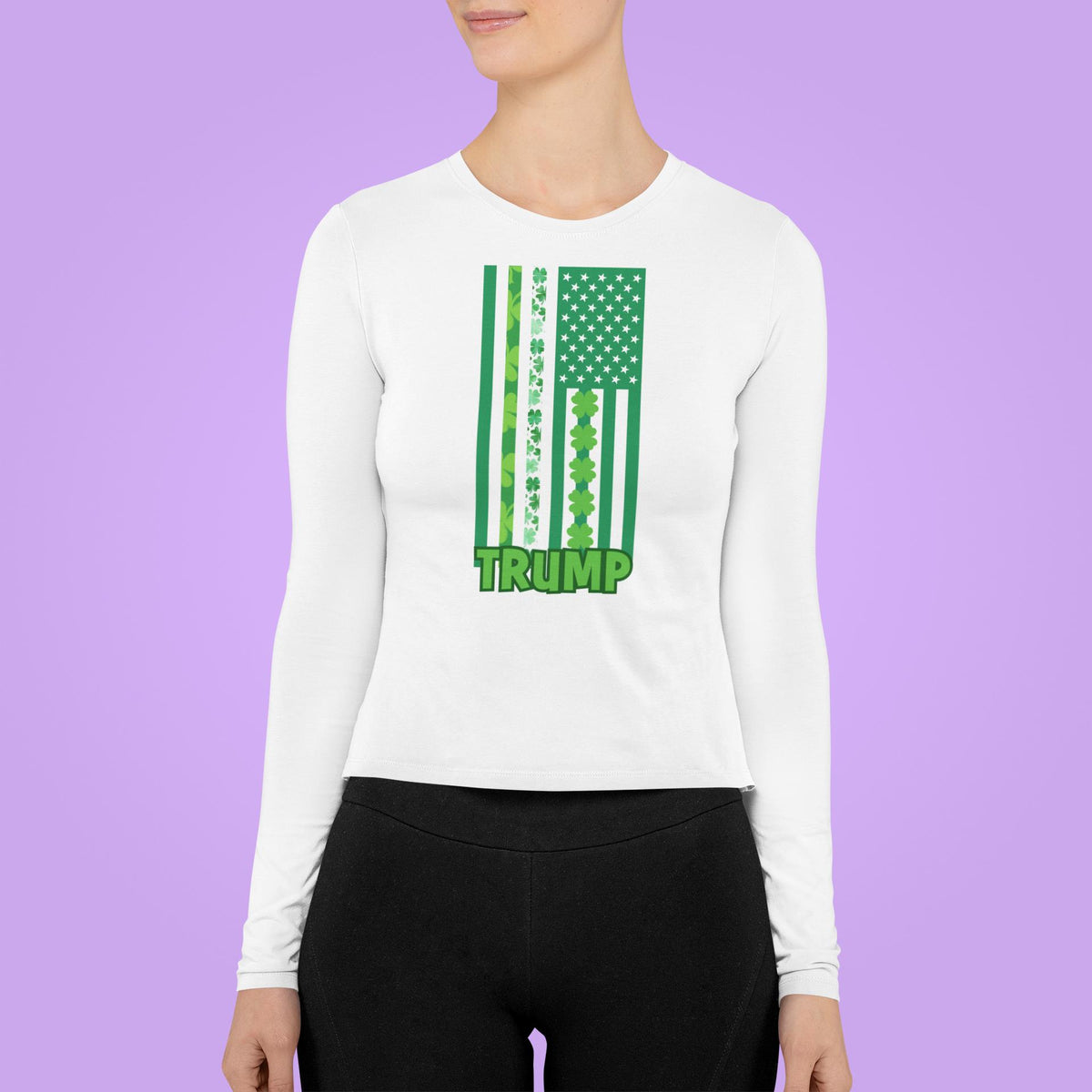 St. Patricks Day Funny and Political Green Shamrock Flag For Trump Womens Long Sleeve T Shirt Women's Long Sleeves Oldglory.com