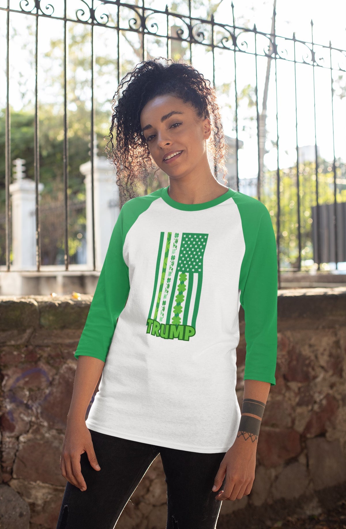 St. Patricks Day Funny and Political Green Shamrock Flag For Trump Juniors Womens 3/4 Raglan T Shirt Women's Raglan Oldglory.com