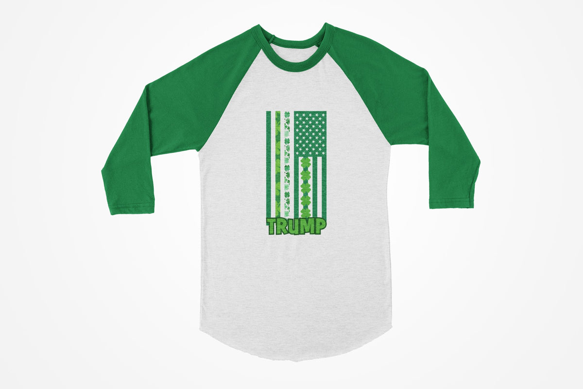 St. Patricks Day Funny and Political Green Shamrock Flag For Trump Juniors Womens 3/4 Raglan T Shirt Women's Raglan Oldglory.com