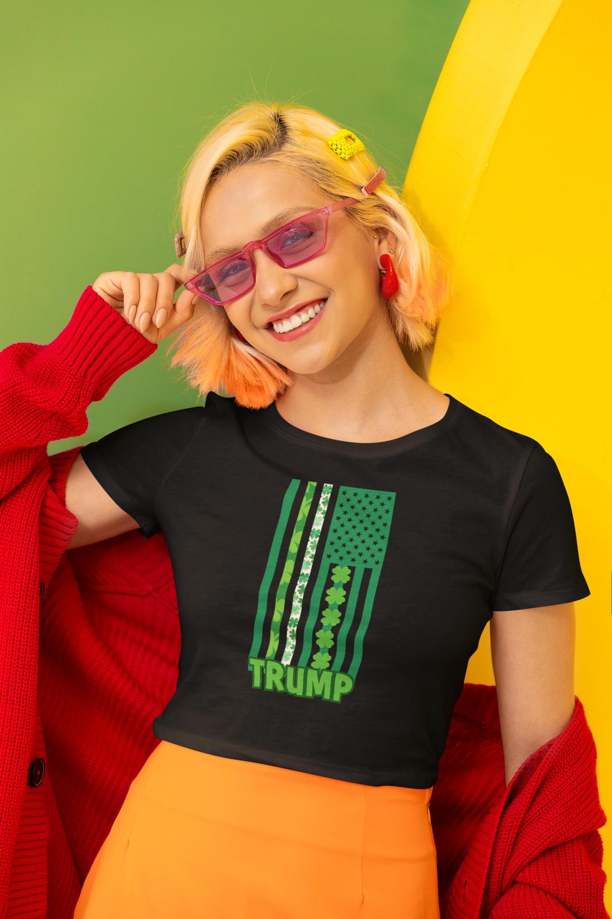 St. Patricks Day Funny and Political Green Shamrock Flag For Trump Juniors Womens Crop Top T Shirt Juniors Tank Tops Oldglory.com