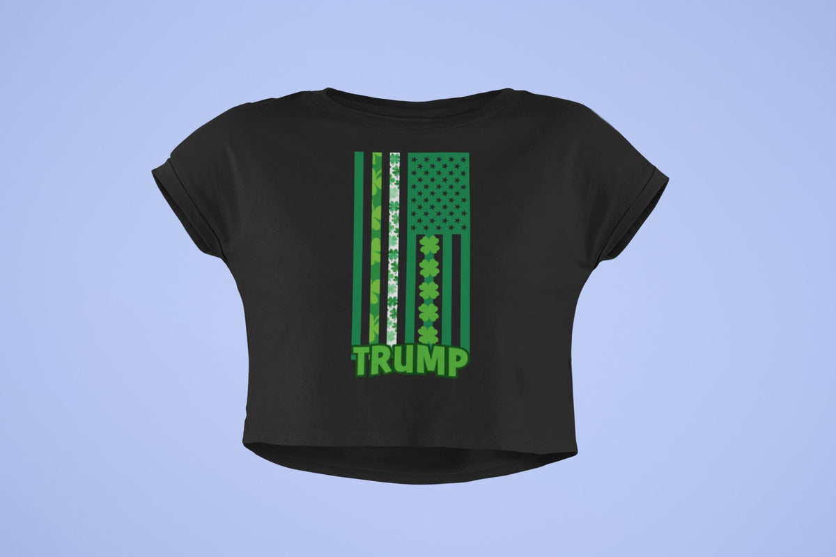 St. Patricks Day Funny and Political Green Shamrock Flag For Trump Juniors Womens Crop Top T Shirt Juniors Tank Tops Oldglory.com