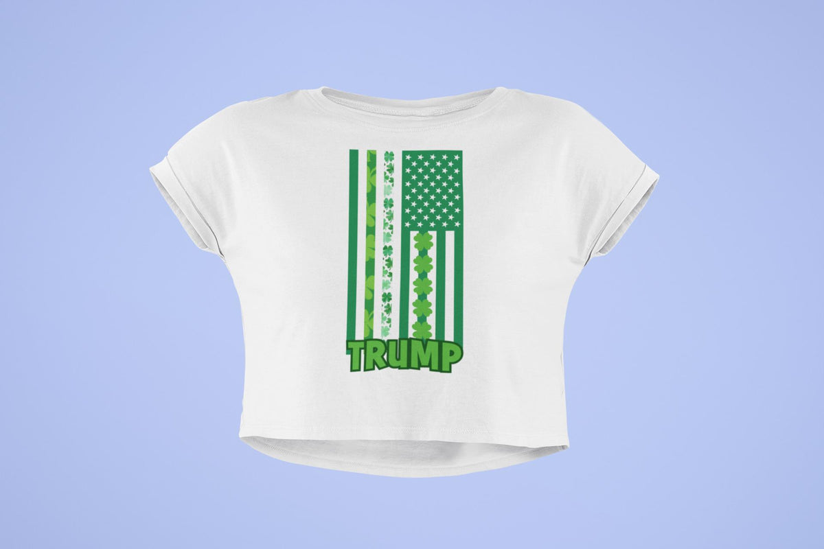 St. Patricks Day Funny and Political Green Shamrock Flag For Trump Juniors Womens Crop Top T Shirt Juniors Tank Tops Oldglory.com