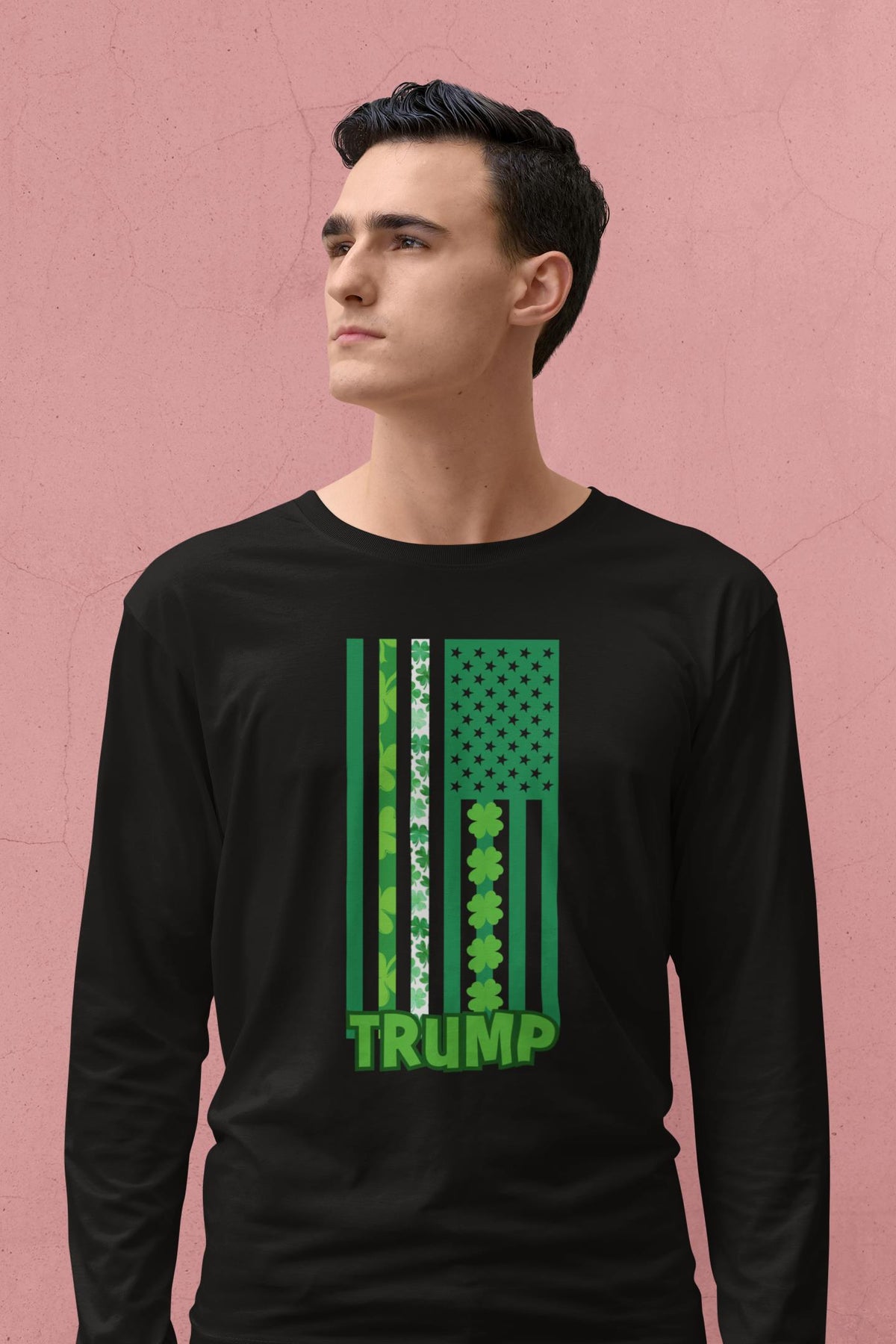 St. Patricks Day Funny and Political Green Shamrock Flag For Trump Mens Long Sleeve T Shirt Men's Long Sleeves Oldglory.com