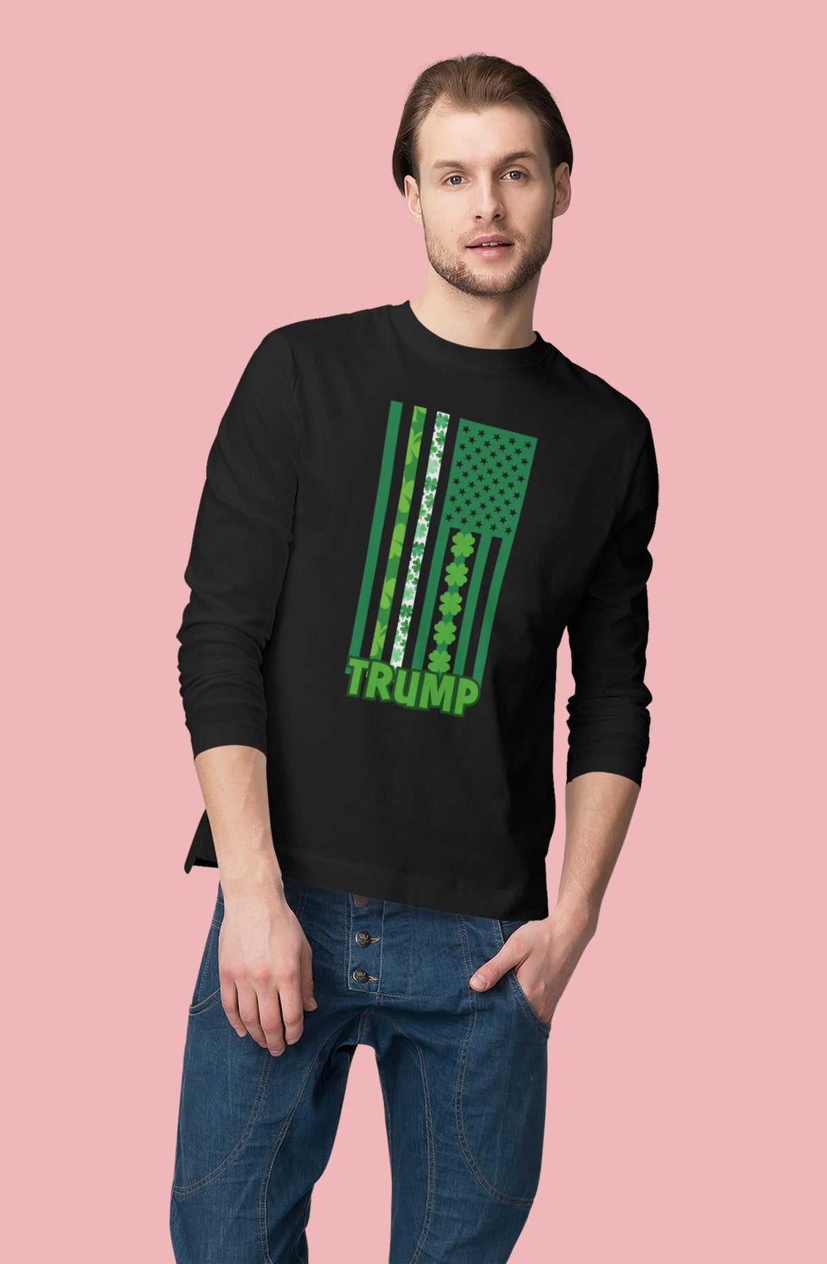 St. Patricks Day Funny and Political Green Shamrock Flag For Trump Mens Long Sleeve T Shirt Men's Long Sleeves Oldglory.com