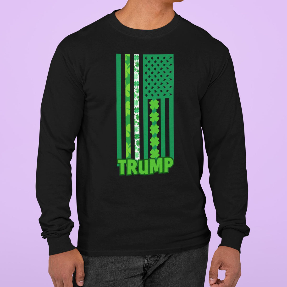 St. Patricks Day Funny and Political Green Shamrock Flag For Trump Mens Long Sleeve T Shirt Men's Long Sleeves Oldglory.com