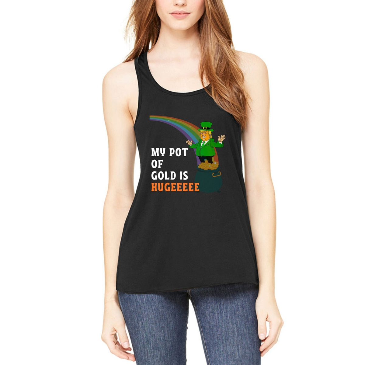 St. Patricks Day Funny and Political Green Trump's My Pot Of Gold Is Hugeeeee Juniors Womens Racerback Tank Top Juniors Tank Tops Oldglory.com SM Black