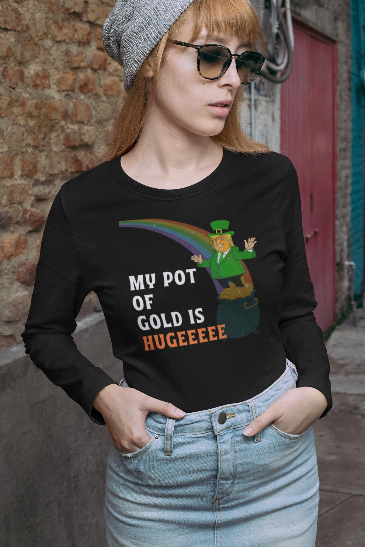 St. Patricks Day Funny and Political Green Trump's My Pot Of Gold Is Hugeeeee Womens Long Sleeve T Shirt Women's Long Sleeves Oldglory.com