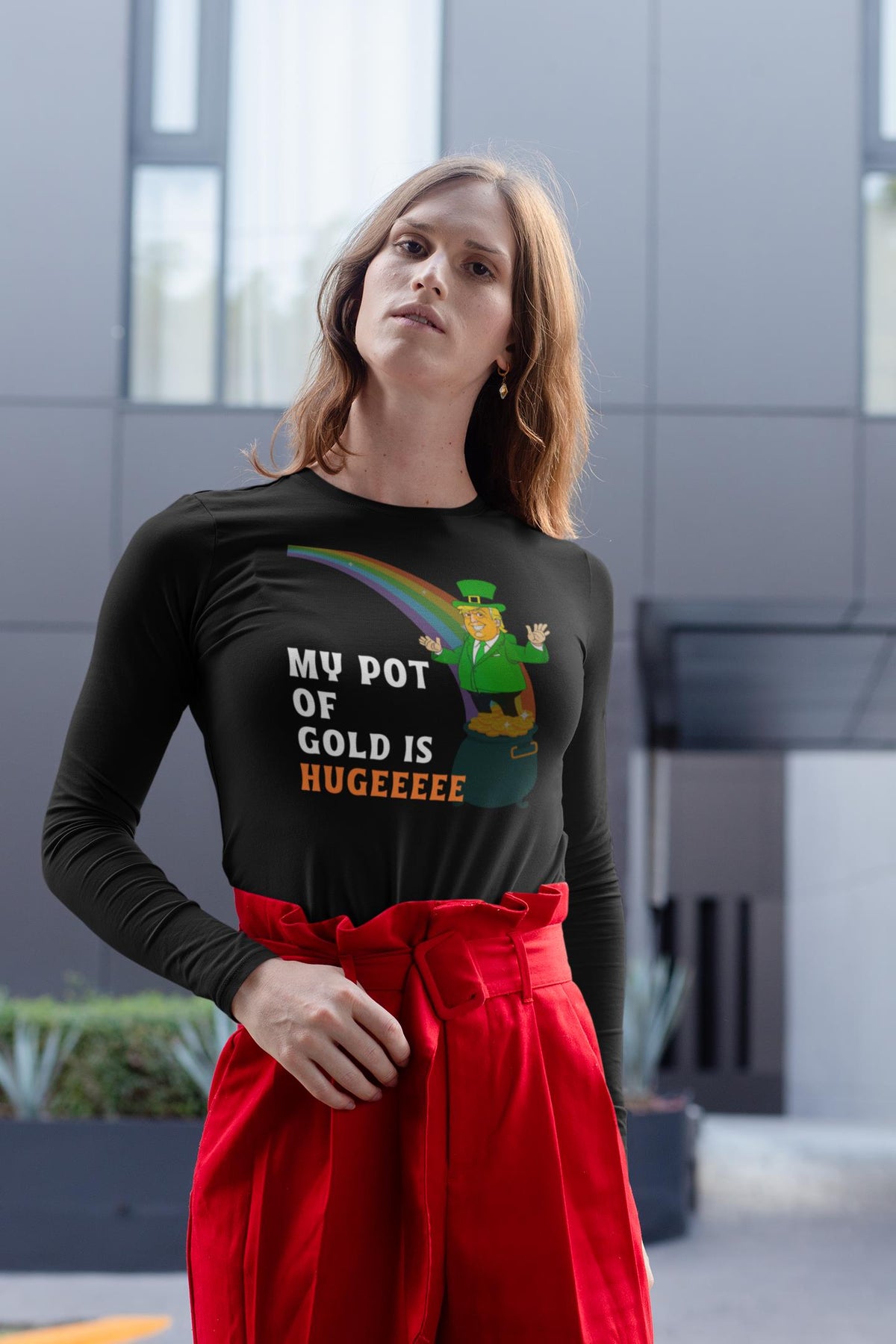 St. Patricks Day Funny and Political Green Trump's My Pot Of Gold Is Hugeeeee Womens Long Sleeve T Shirt Women's Long Sleeves Oldglory.com