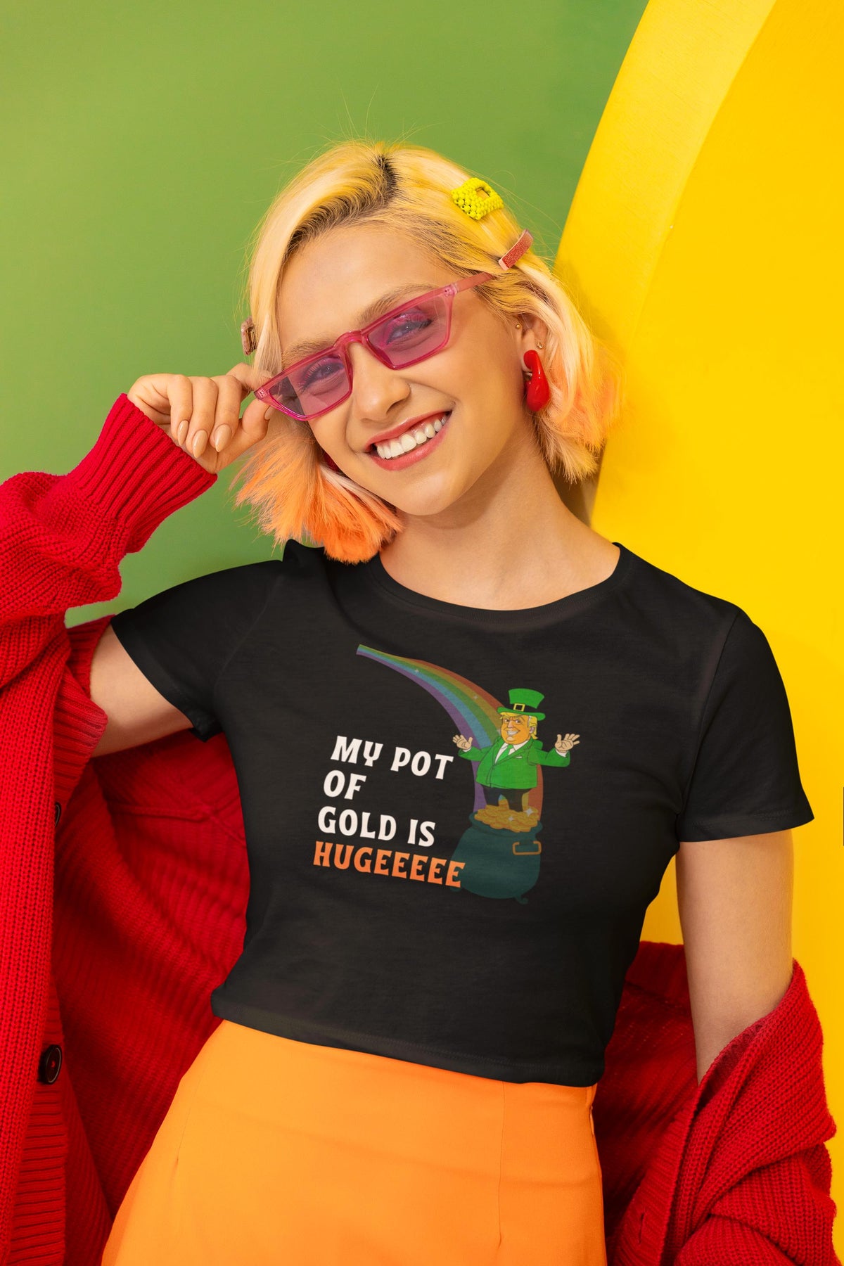 St. Patricks Day Funny and Political Green Trump's My Pot Of Gold Is Hugeeeee Juniors Womens Crop Top T Shirt Juniors Crop T-Shirts Oldglory.com