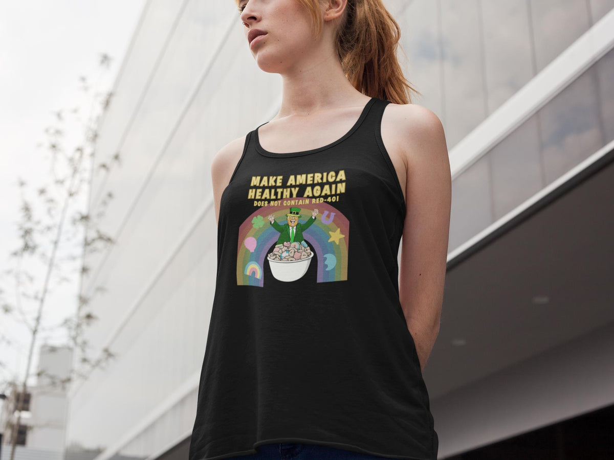 St. Patricks Day Funny and Political Trump Make America Healthy Again Cereal Box Cover Juniors Womens Racerback Tank Top Juniors Tank Tops Oldglory.com