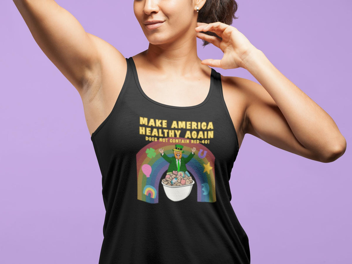 St. Patricks Day Funny and Political Trump Make America Healthy Again Cereal Box Cover Juniors Womens Racerback Tank Top Juniors Tank Tops Oldglory.com