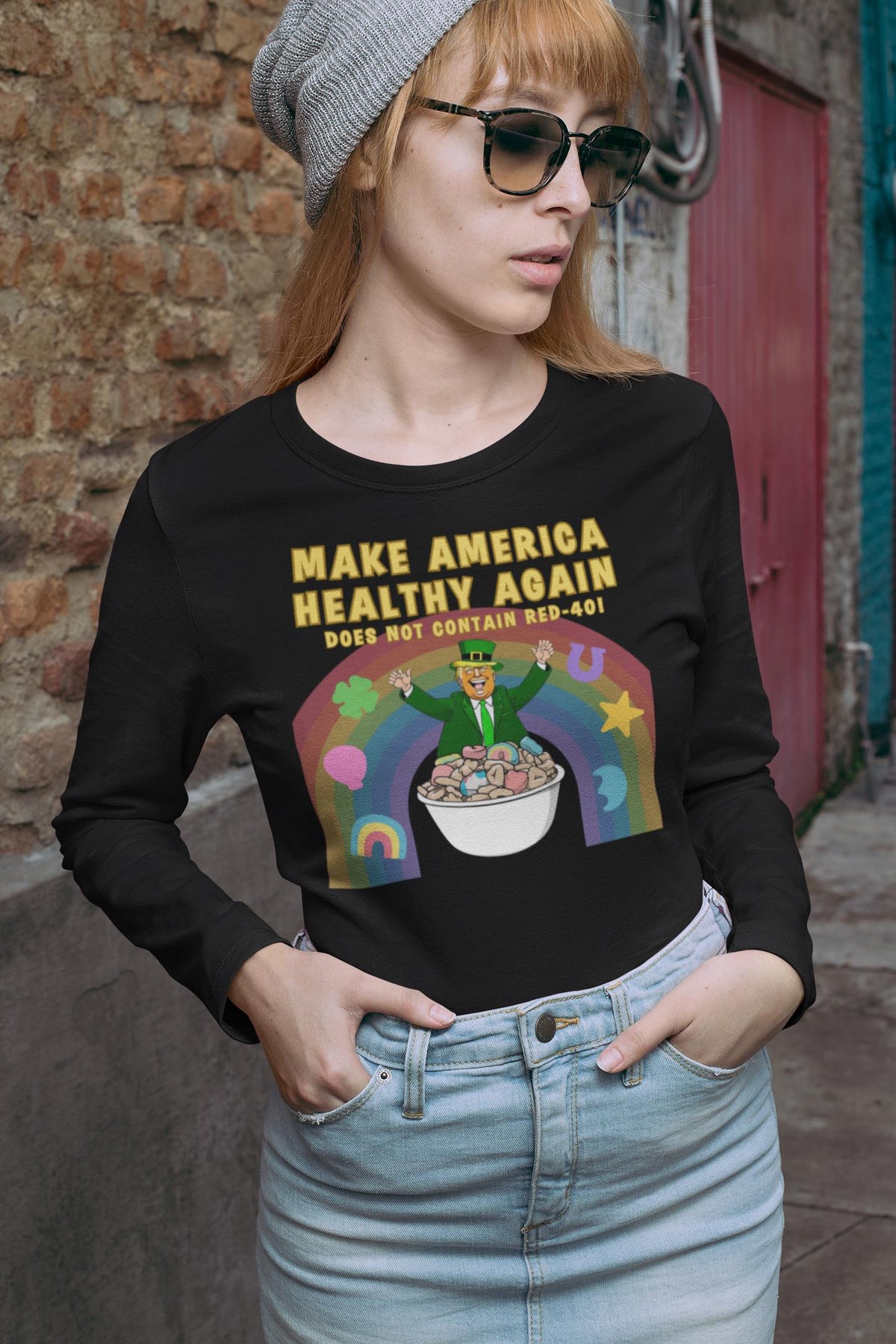 St. Patricks Day Funny and Political Trump Make America Healthy Again Cereal Box Cover Womens Long Sleeve T Shirt Women's Long Sleeves Oldglory.com