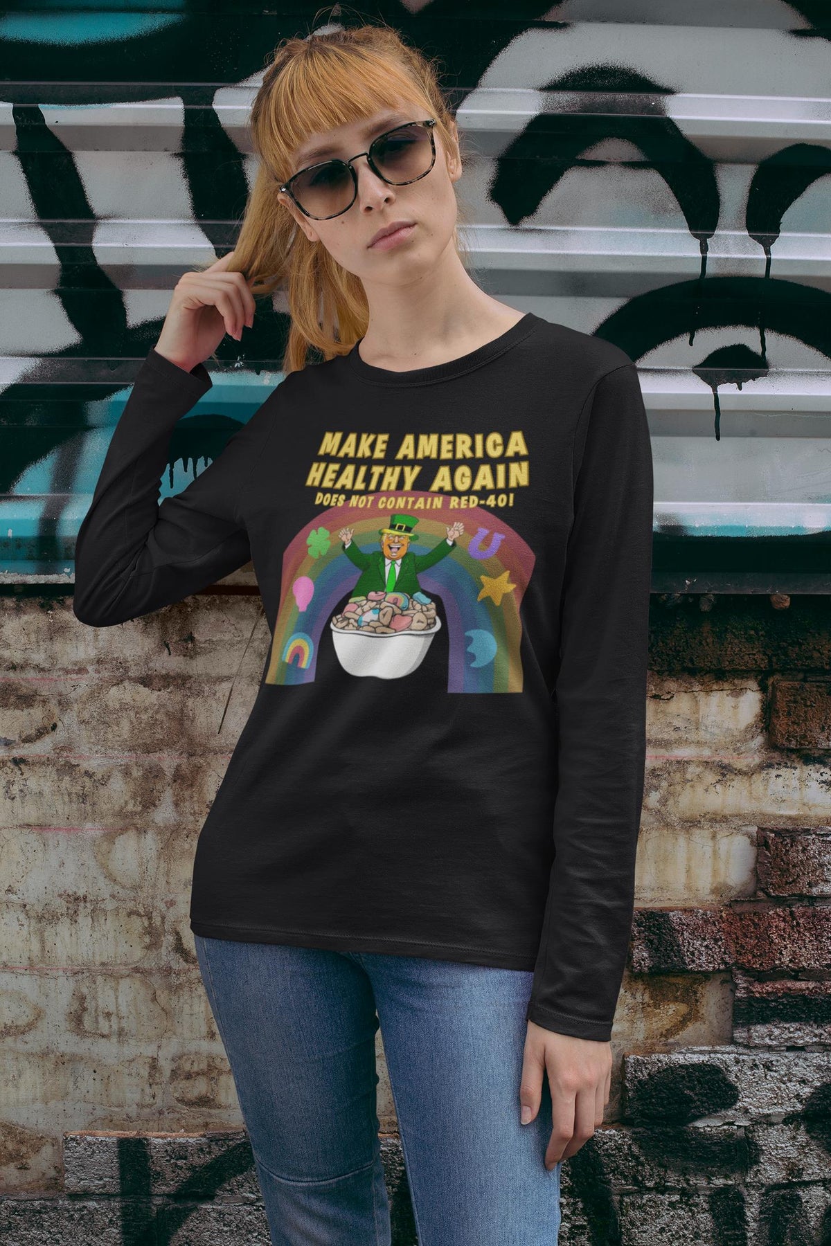 St. Patricks Day Funny and Political Trump Make America Healthy Again Cereal Box Cover Womens Long Sleeve T Shirt Women's Long Sleeves Oldglory.com