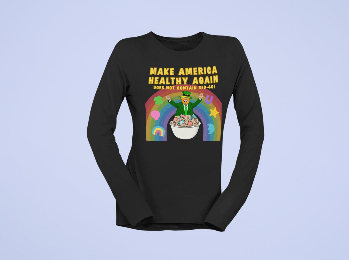 St. Patricks Day Funny and Political Trump Make America Healthy Again Cereal Box Cover Womens Long Sleeve T Shirt Women's Long Sleeves Oldglory.com