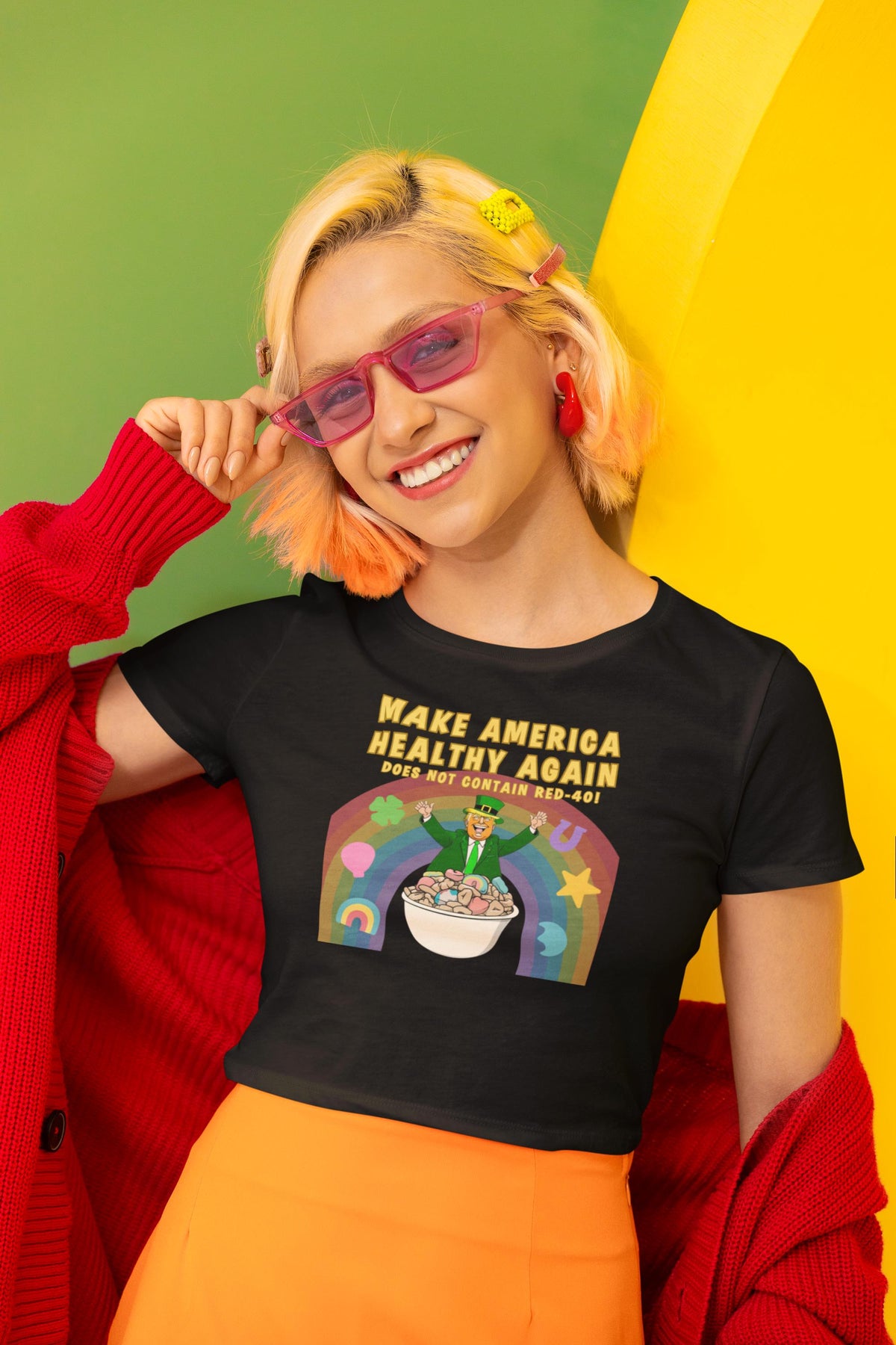 St. Patricks Day Funny and Political Trump Make America Healthy Again Cereal Box Cover Juniors Womens Crop Top T Shirt Juniors Crop T-Shirts Oldglory.com