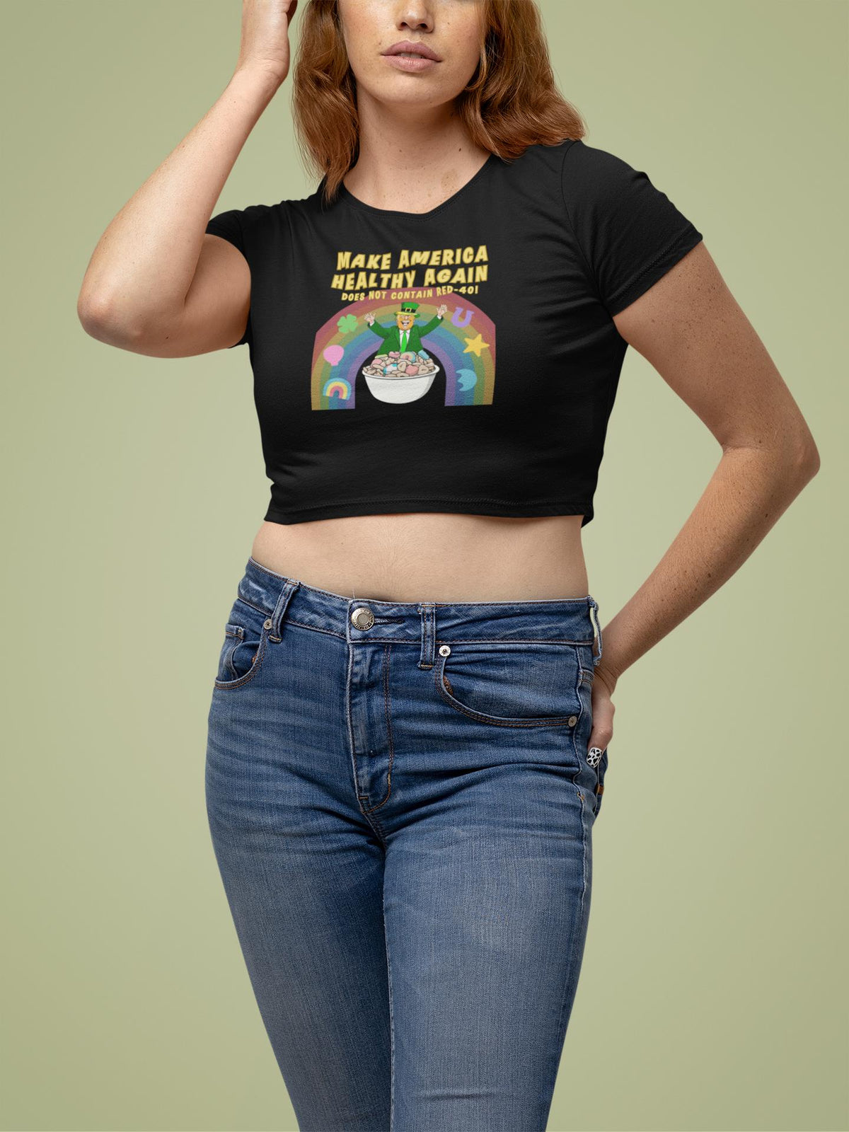 St. Patricks Day Funny and Political Trump Make America Healthy Again Cereal Box Cover Juniors Womens Crop Top T Shirt Juniors Crop T-Shirts Oldglory.com