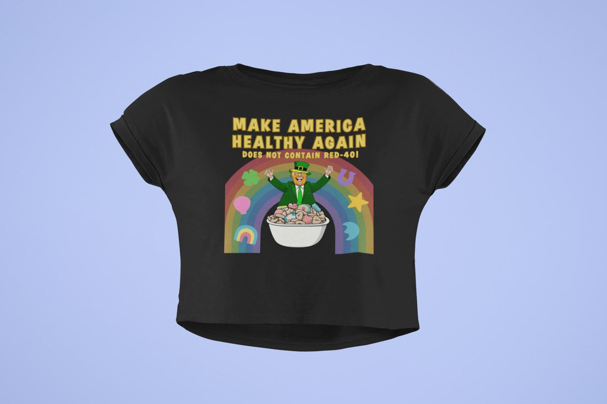 St. Patricks Day Funny and Political Trump Make America Healthy Again Cereal Box Cover Juniors Womens Crop Top T Shirt Juniors Crop T-Shirts Oldglory.com