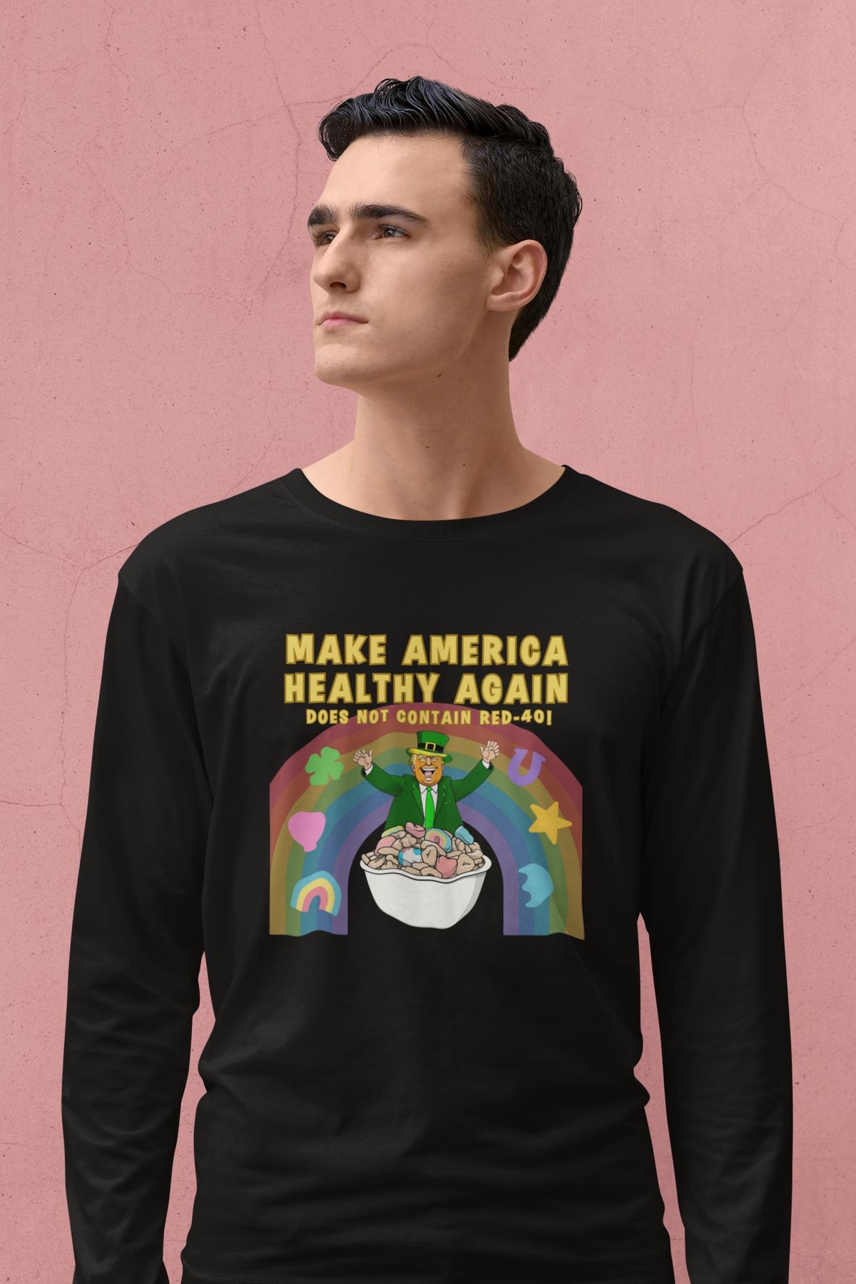 St. Patricks Day Funny and Political Trump Make America Healthy Again Cereal Box Cover Mens Long Sleeve T Shirt Men's Long Sleeves Oldglory.com