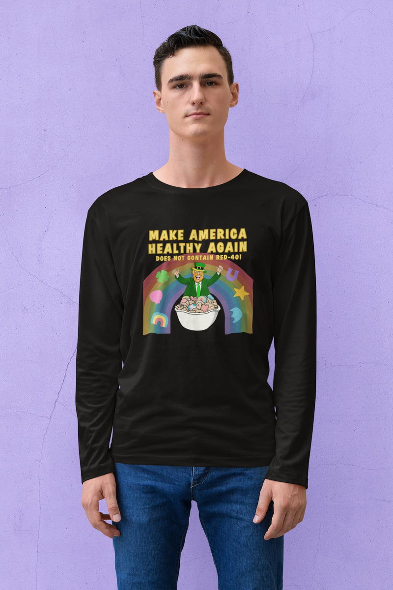 St. Patricks Day Funny and Political Trump Make America Healthy Again Cereal Box Cover Mens Long Sleeve T Shirt Men's Long Sleeves Oldglory.com