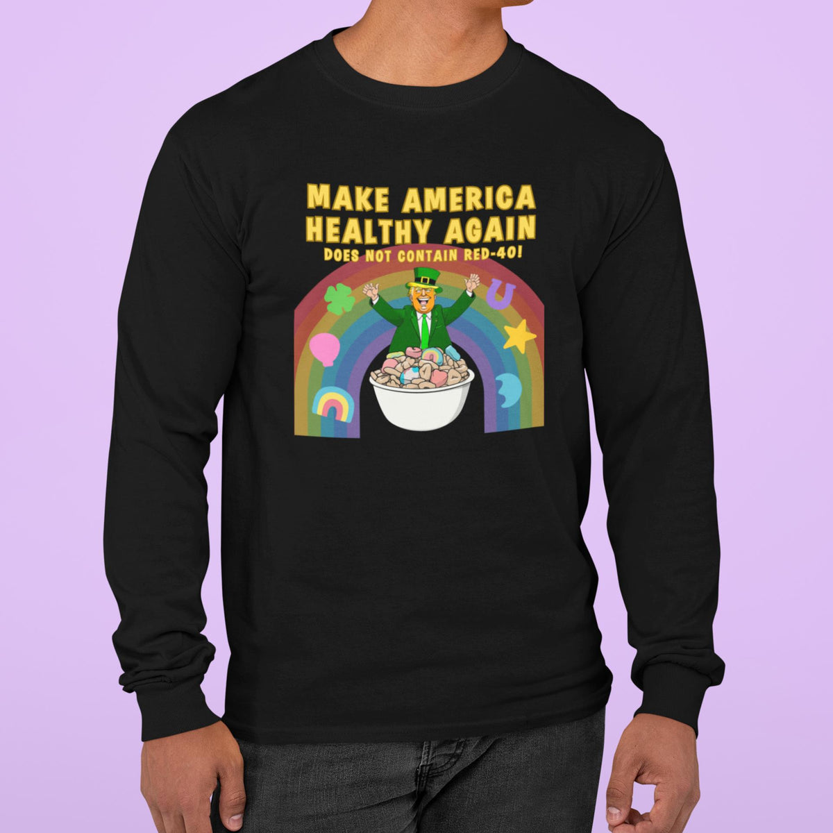 St. Patricks Day Funny and Political Trump Make America Healthy Again Cereal Box Cover Mens Long Sleeve T Shirt Men's Long Sleeves Oldglory.com