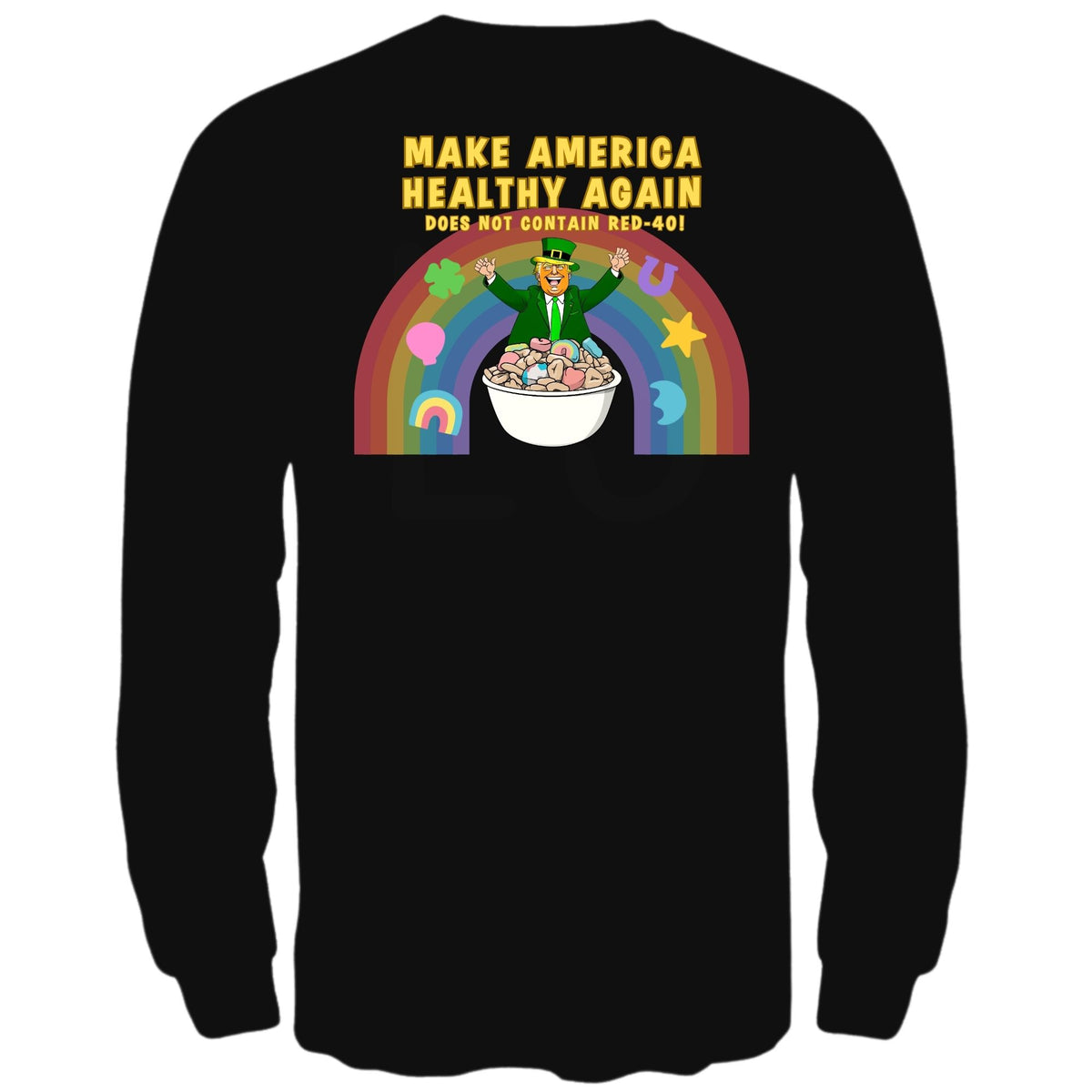 St. Patricks Day Funny and Political Trump Make America Healthy Again Cereal Box Cover Mens Long Sleeve T Shirt Men's Long Sleeves Oldglory.com SM Black