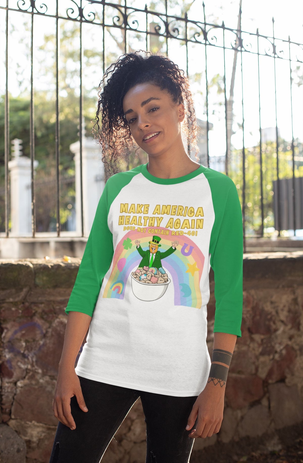 St. Patricks Day Funny and Political Trump Make America Healthy Again Cereal Box Cover Juniors Womens 3/4 Raglan T Shirt Women's Raglan Oldglory.com