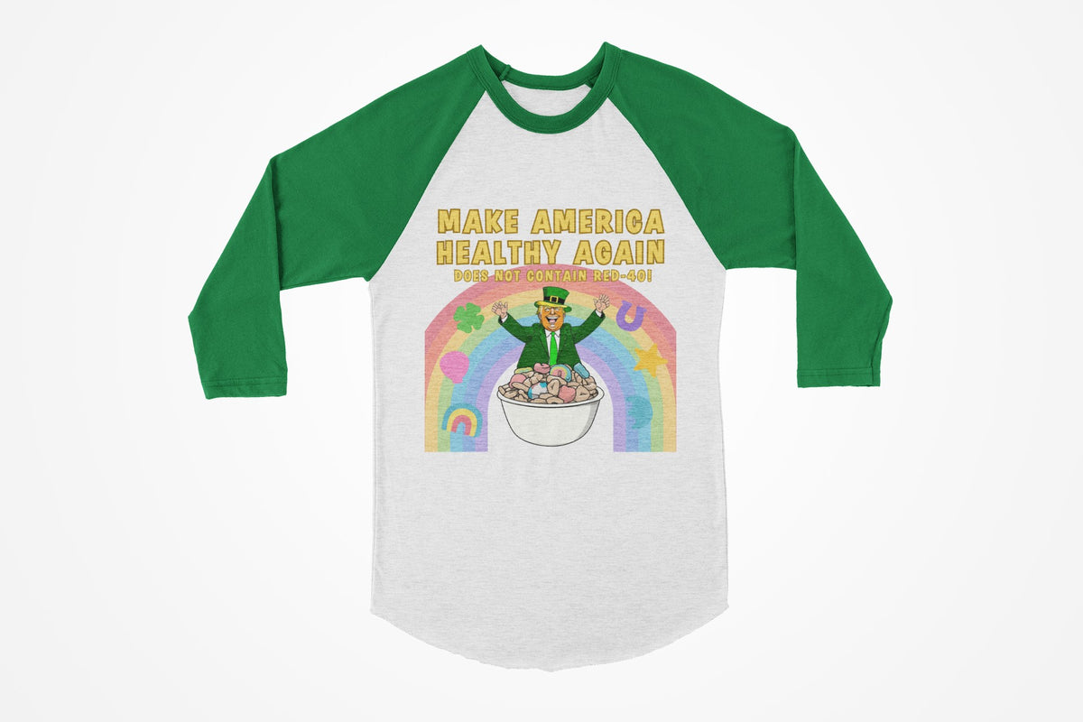 St. Patricks Day Funny and Political Trump Make America Healthy Again Cereal Box Cover Juniors Womens 3/4 Raglan T Shirt Women's Raglan Oldglory.com