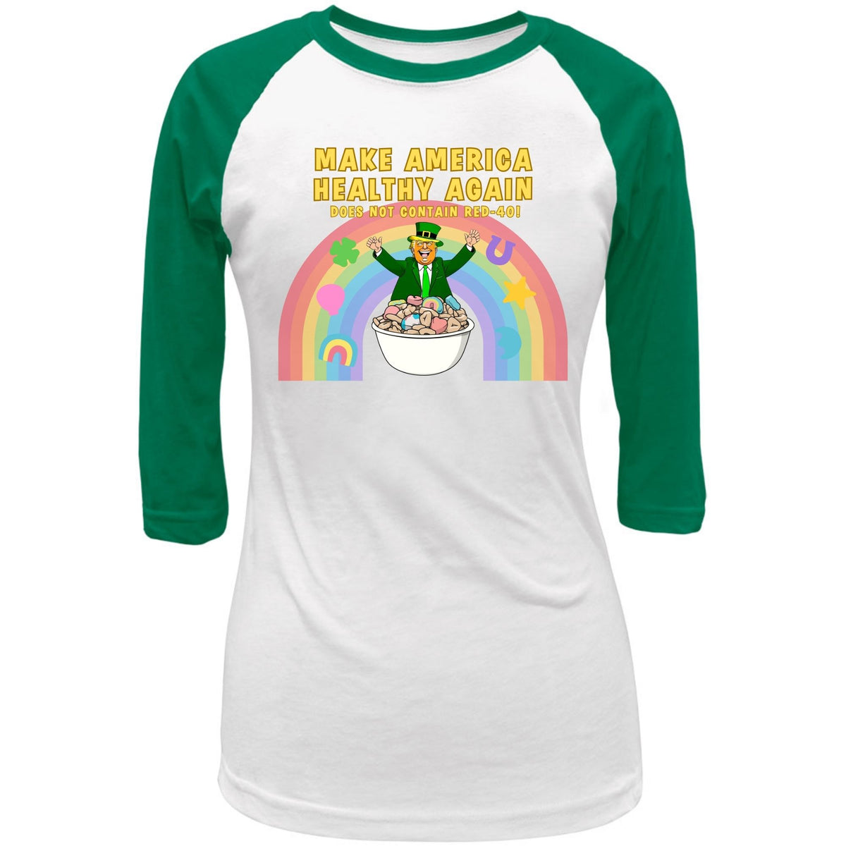 St. Patricks Day Funny and Political Trump Make America Healthy Again Cereal Box Cover Juniors Womens 3/4 Raglan T Shirt Women's Raglan Oldglory.com SM Heather Grey-Green