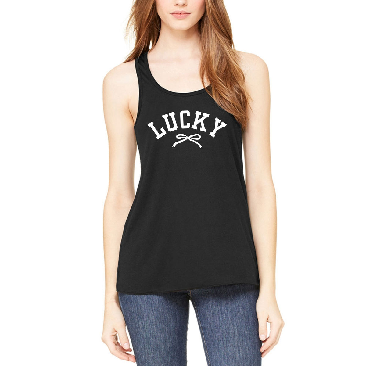 St. Patricks Day Cute Lucky With A Bow Juniors Womens Racerback Tank Top Juniors Tank Tops Oldglory.com SM Black