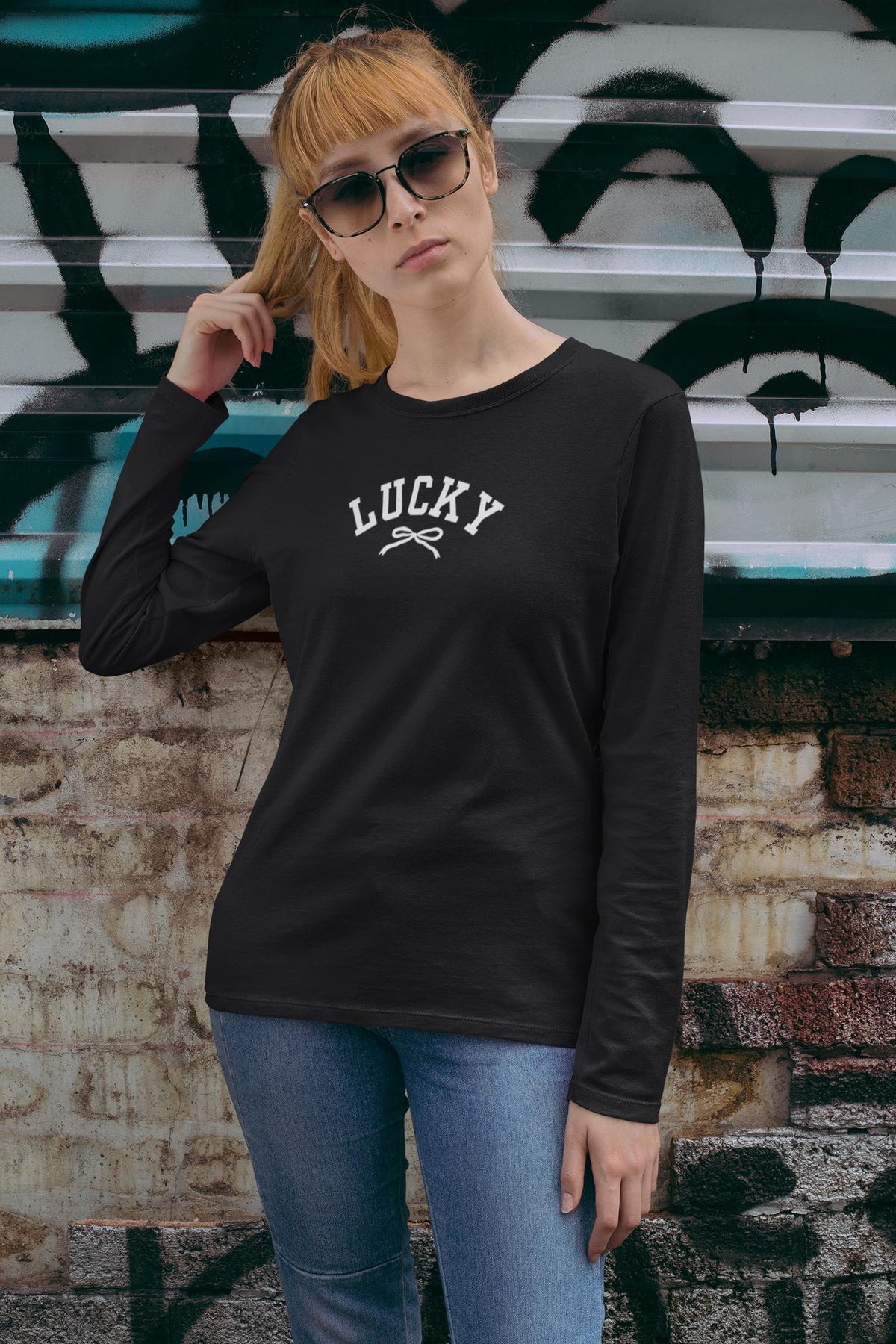 St. Patricks Day Cute Lucky With A Bow Womens Long Sleeve T Shirt Women's Long Sleeves Oldglory.com