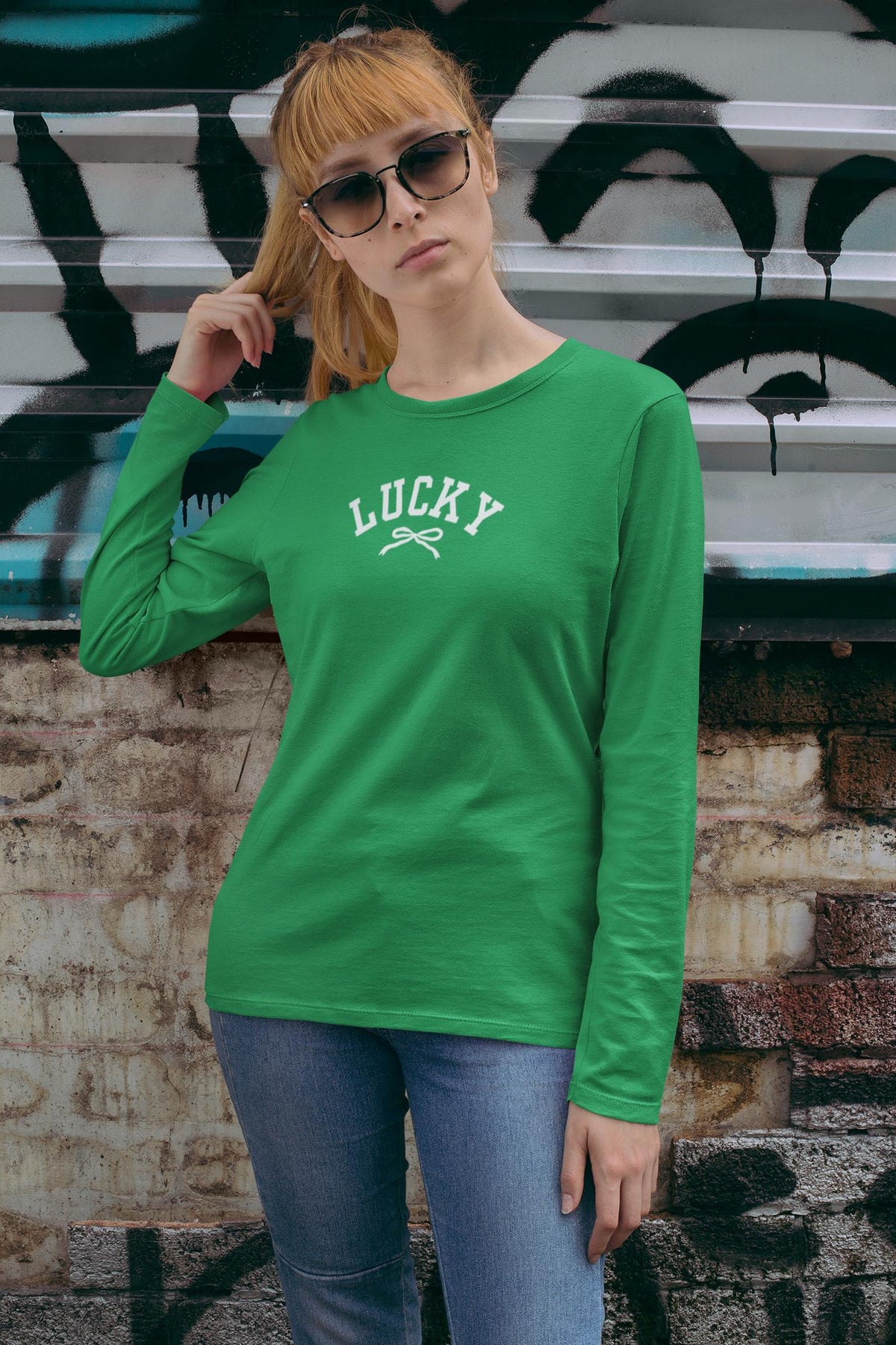 St. Patricks Day Cute Lucky With A Bow Womens Long Sleeve T Shirt Women's Long Sleeves Oldglory.com