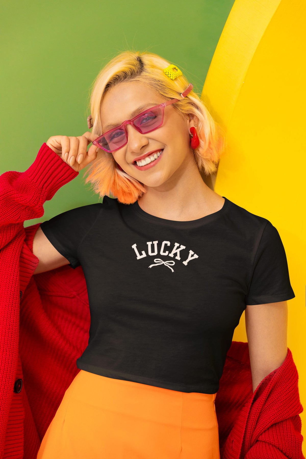 St. Patricks Day Cute Lucky With A Bow Juniors Womens Crop Top T Shirt Juniors Crop T-Shirts Oldglory.com