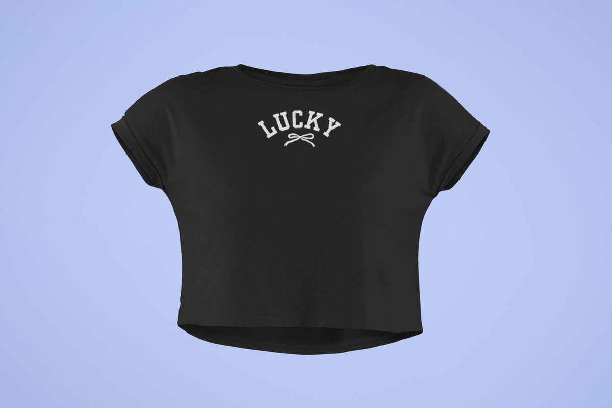 St. Patricks Day Cute Lucky With A Bow Juniors Womens Crop Top T Shirt Juniors Crop T-Shirts Oldglory.com